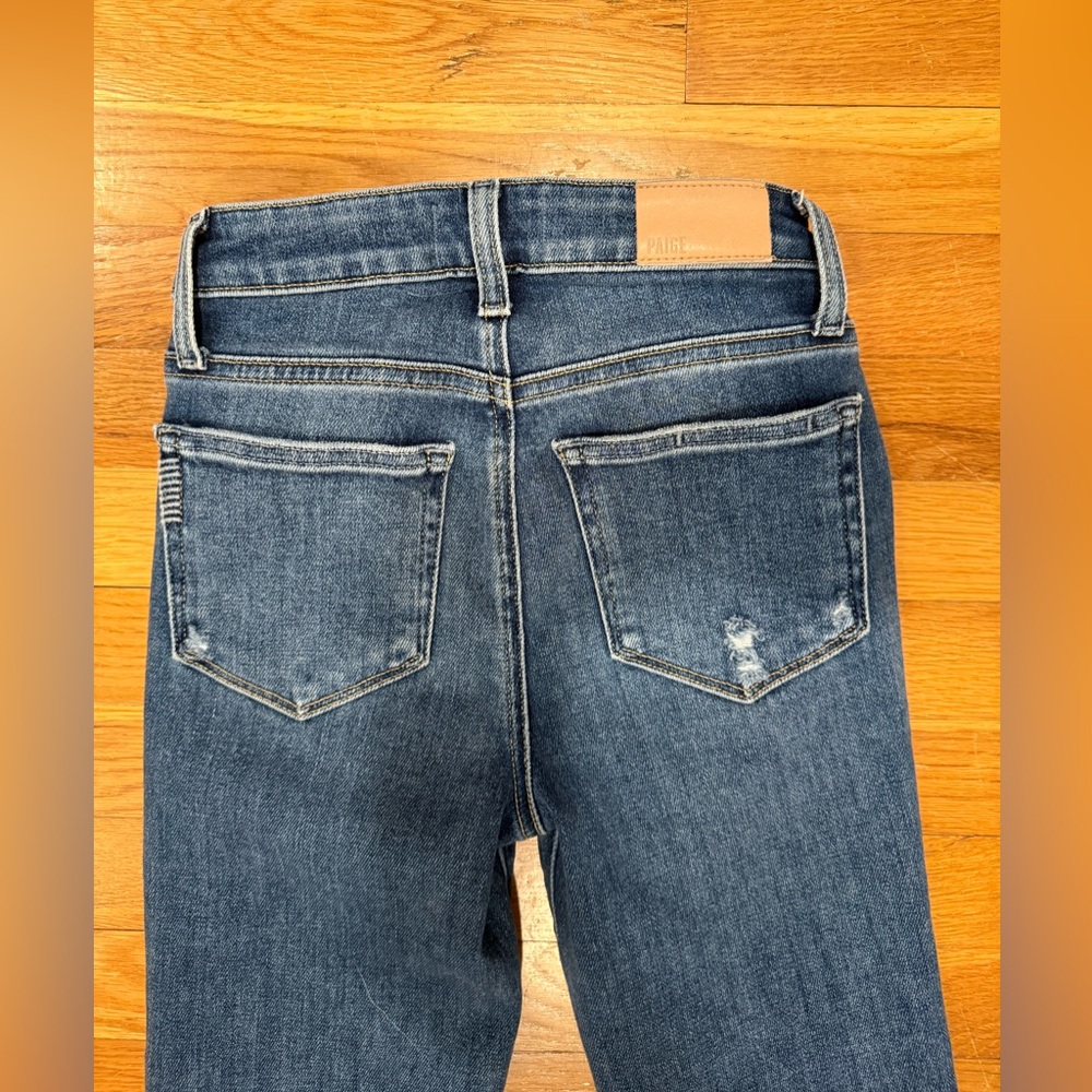 PAIGE Petite Laurel Canyon Raw Hem Flare Blue Women's Jeans - Olivin Distressed - Picture 10 of 10